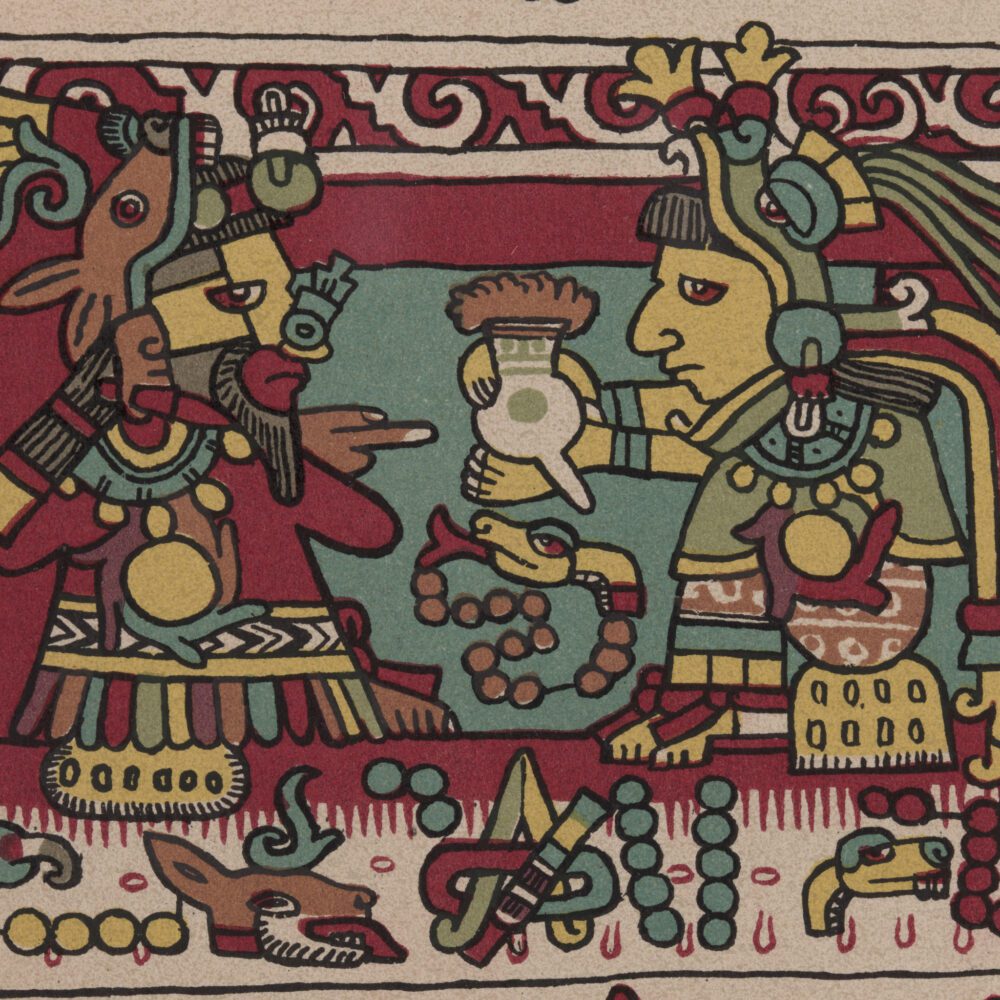 A pictorial representation of a marriage ceremony featured in a page from the Codex Nuttall. The pictogram shows a bride presenting her groom with a vessel of chocolate.