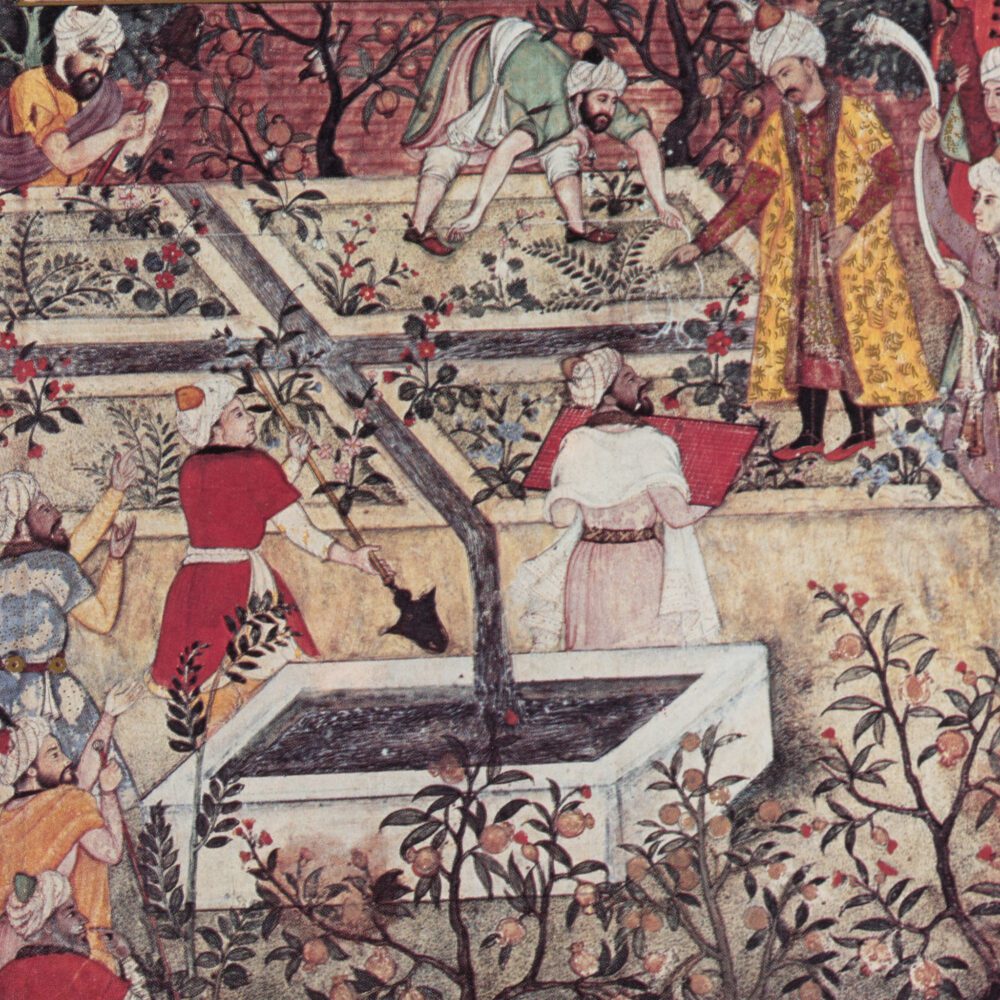 Miniature titled “Barbur and the Garden of Fidelity” shows an elaborate leisure space. Barbur, a Mughal emperor, here oversees the creation of a traditional Iranian four-part garden or chahar bagh at his palace in Kabul. Workers are seen arranging the garden appropriately. This design mirrors the four rivers and gardens of Paradise as described in the Quran. This miniature comes from The Art of Healing and Health Care in India: Twelve Miniatures.