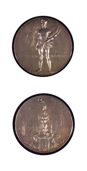 Both sides of a 1924 Paris Olympics gold medal: obverse showing an athletic figure holding laurel branches, reverse showing a fountain with a city skyline.