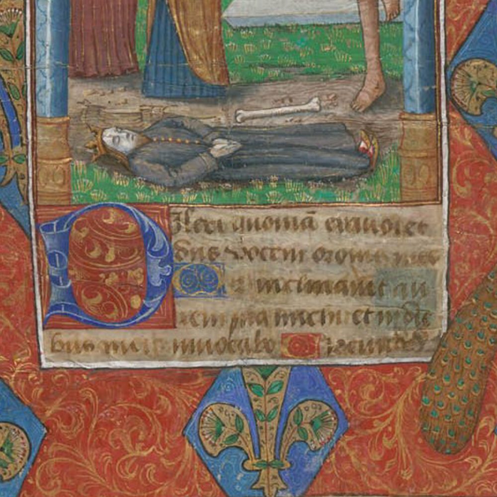 Miniature for the Office of the Dead from a book of hours. The miniature features an illustration of a crowned figure lying on the ground. The miniature is surrounded with patterned borders, handwritten Latin text, and ornamental floral motifs in red, blue, and gold.