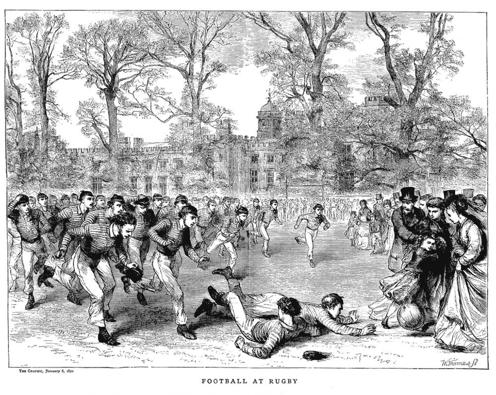 A black and white illustration from 1870 of a rugby match that's gotten out of hand, leaking into the audience.