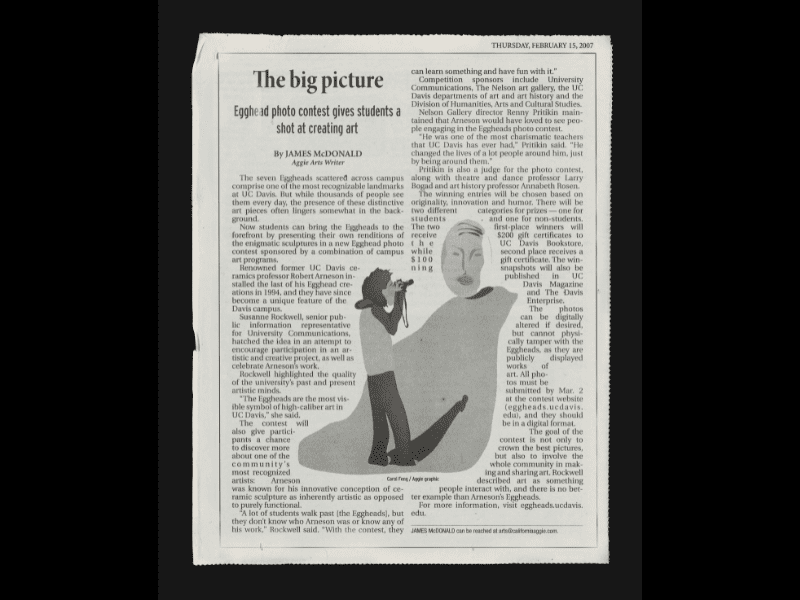 Newspaper clipping with a graphic of a person photographing an Egghead sculpture.