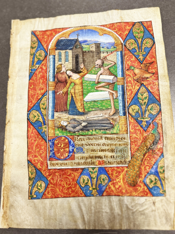 A red and blue medieval illustration of a skeleton stabbing a woman with a red spear and a castle in the background. A king lies prone in front of them.
