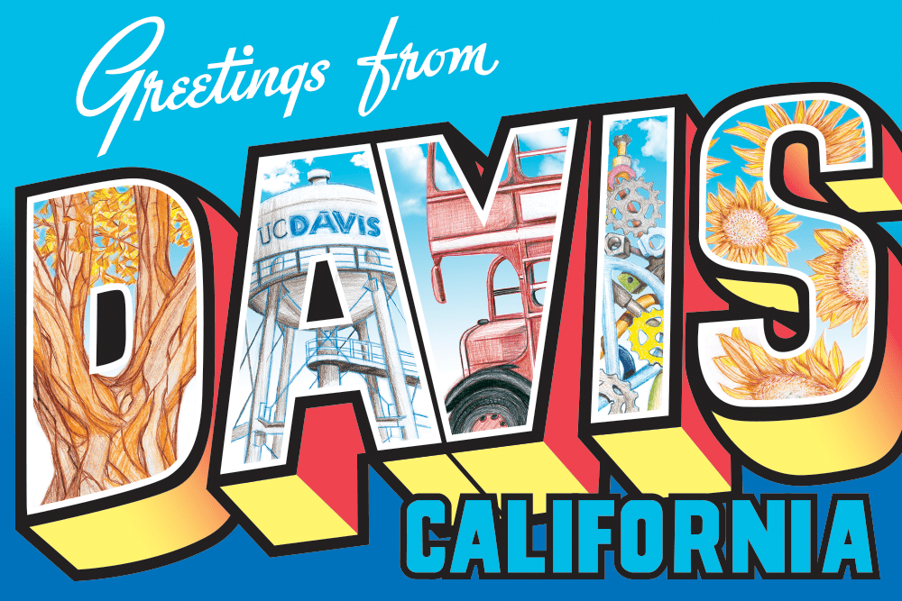 Vintage postcard design on light blue background. Text "Greetings from Davis California" with "Davis" fill of water tower and other university icons.