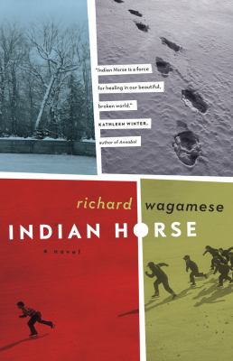Indian Horse with Split-panel cover with snowy footprints above and hockey players silhouetted against red and green backgrounds below.