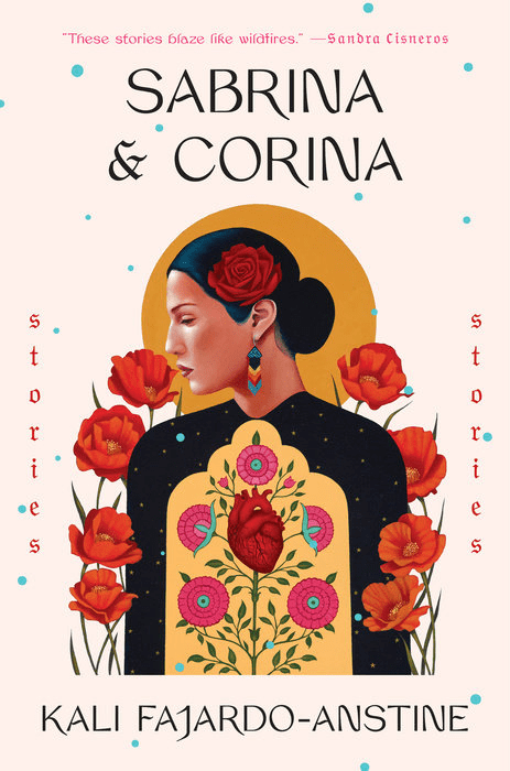 Sabrina & Corina illustrated book cover showing a Latina woman with Indigenous-inspired floral imagery and tattoos, surrounded by red flowers on a light background.