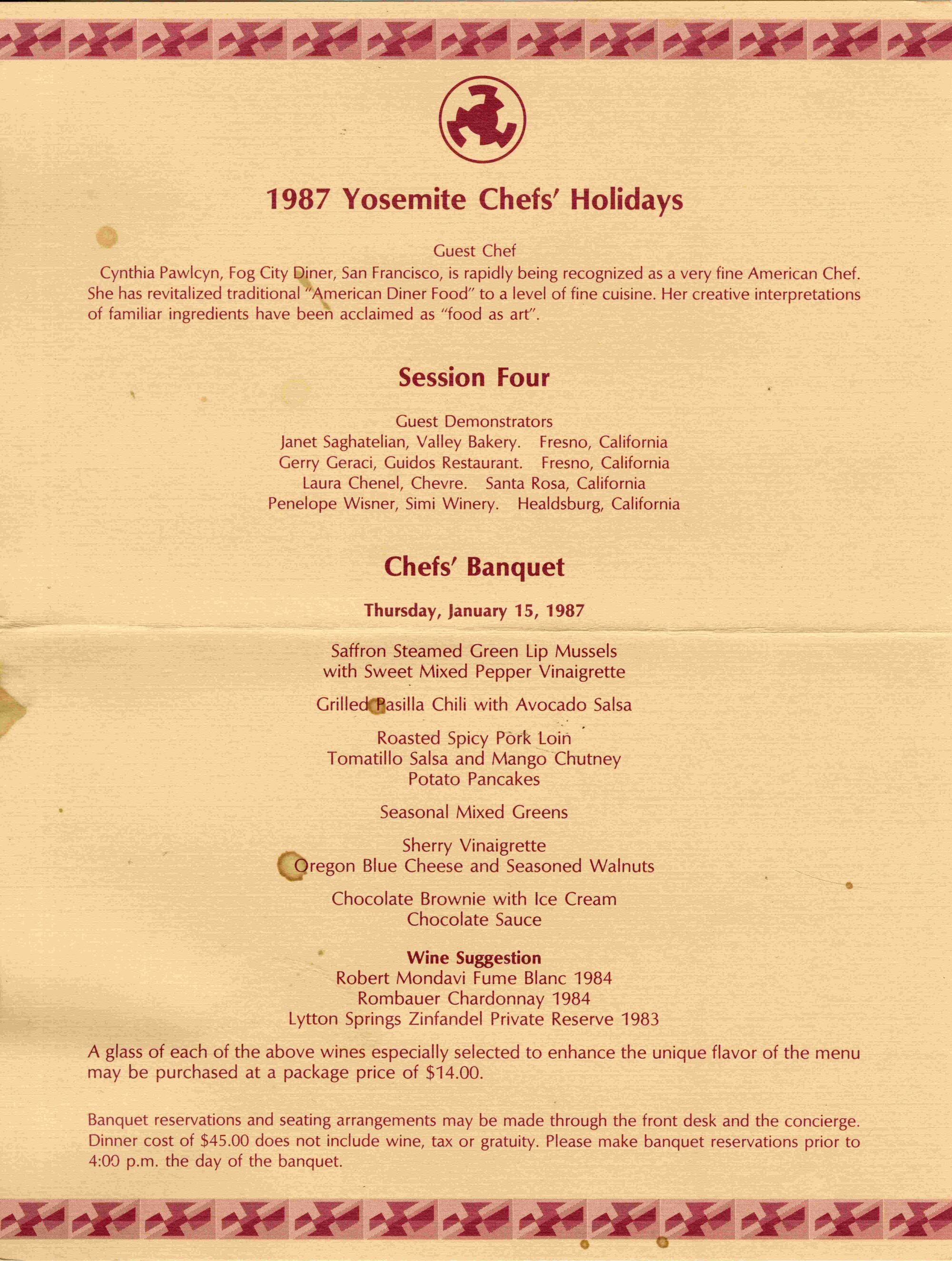Banquet menu which acknowledges that Pawlcyn "has revitalized traditional 'American Diner Food' to fine cuisine