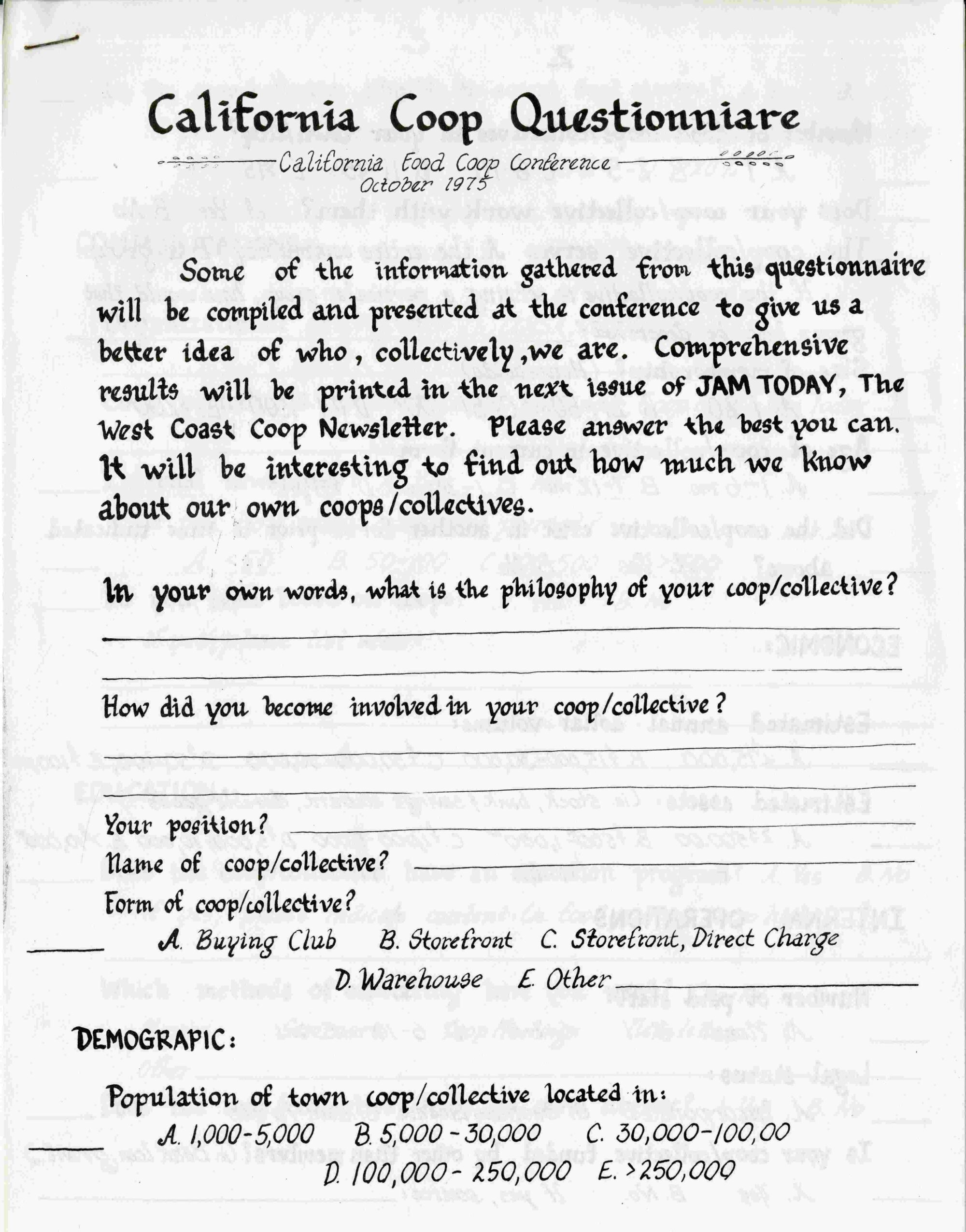 Front cover of questionnaire for members asking about their involvement. On white paper