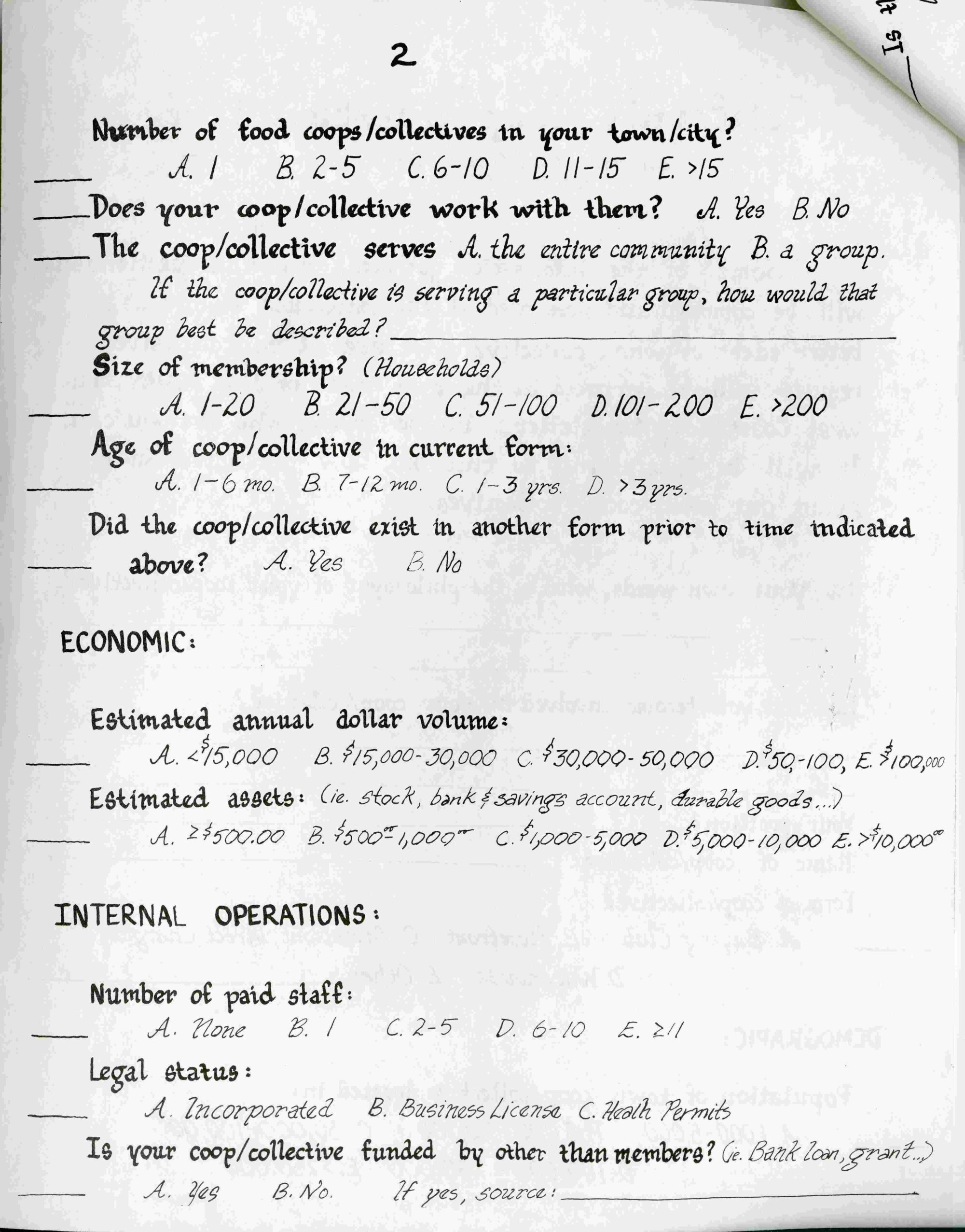 Questionnaire for the Davis Food Coop. Asks about the coop membership, asks about the estimated value and assets, and internal operations
