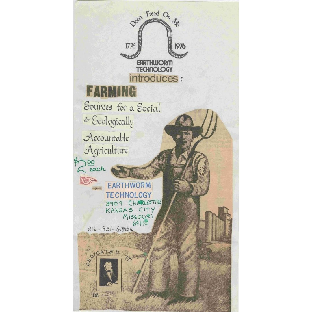 Brochure cover with the headline: "Earthworm Technology Introduces: FARMING Sources for a Social and Ecologically Accountable Agriculture." A drawing of a farmer holding a pitchfork is in the bottom-right corner. Above the headline at the top, there is a small logo of a snake with the words: Don't Tread on Me, 1776-1976.