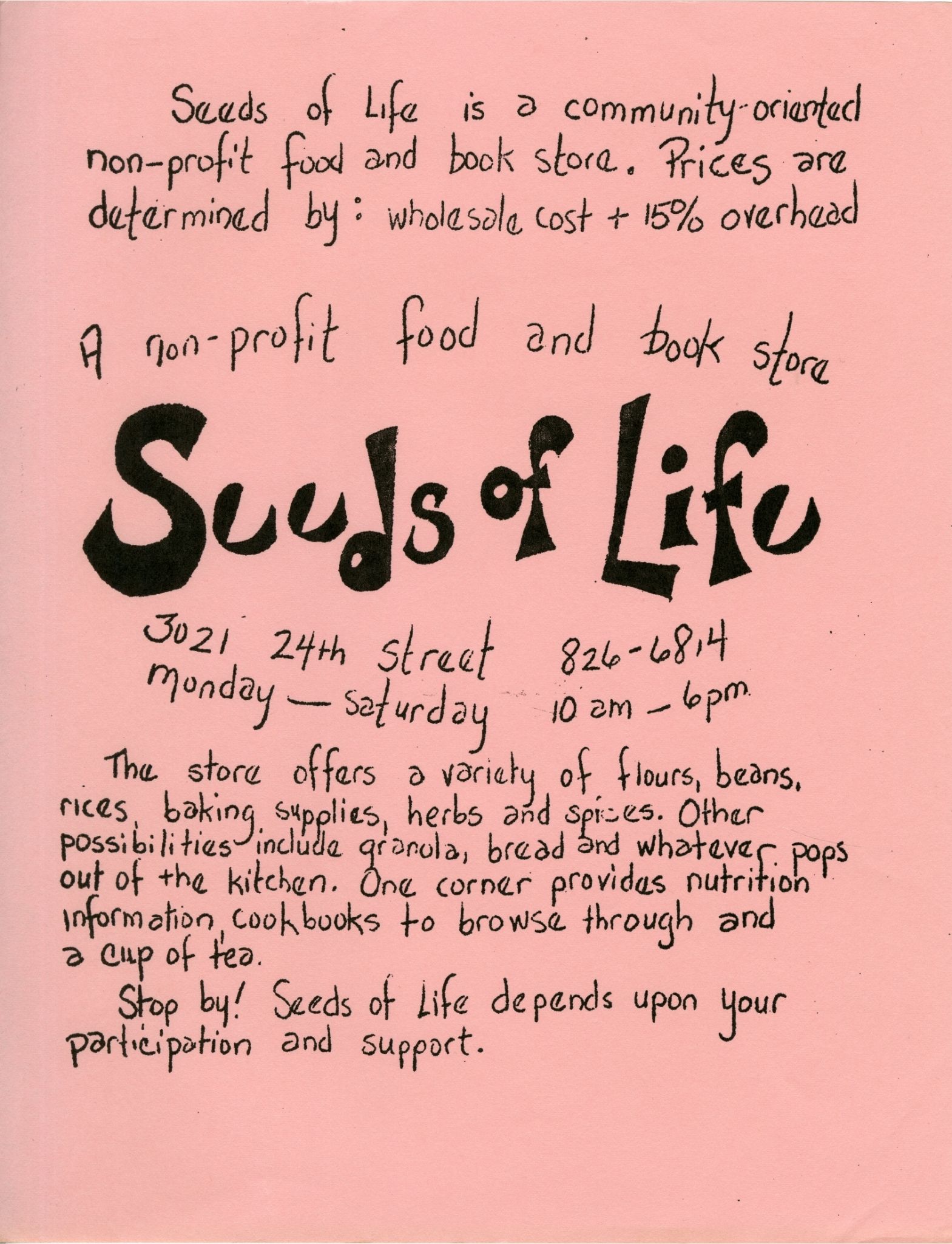 Flyer for the non-profit food and book store "Seeds of Life"