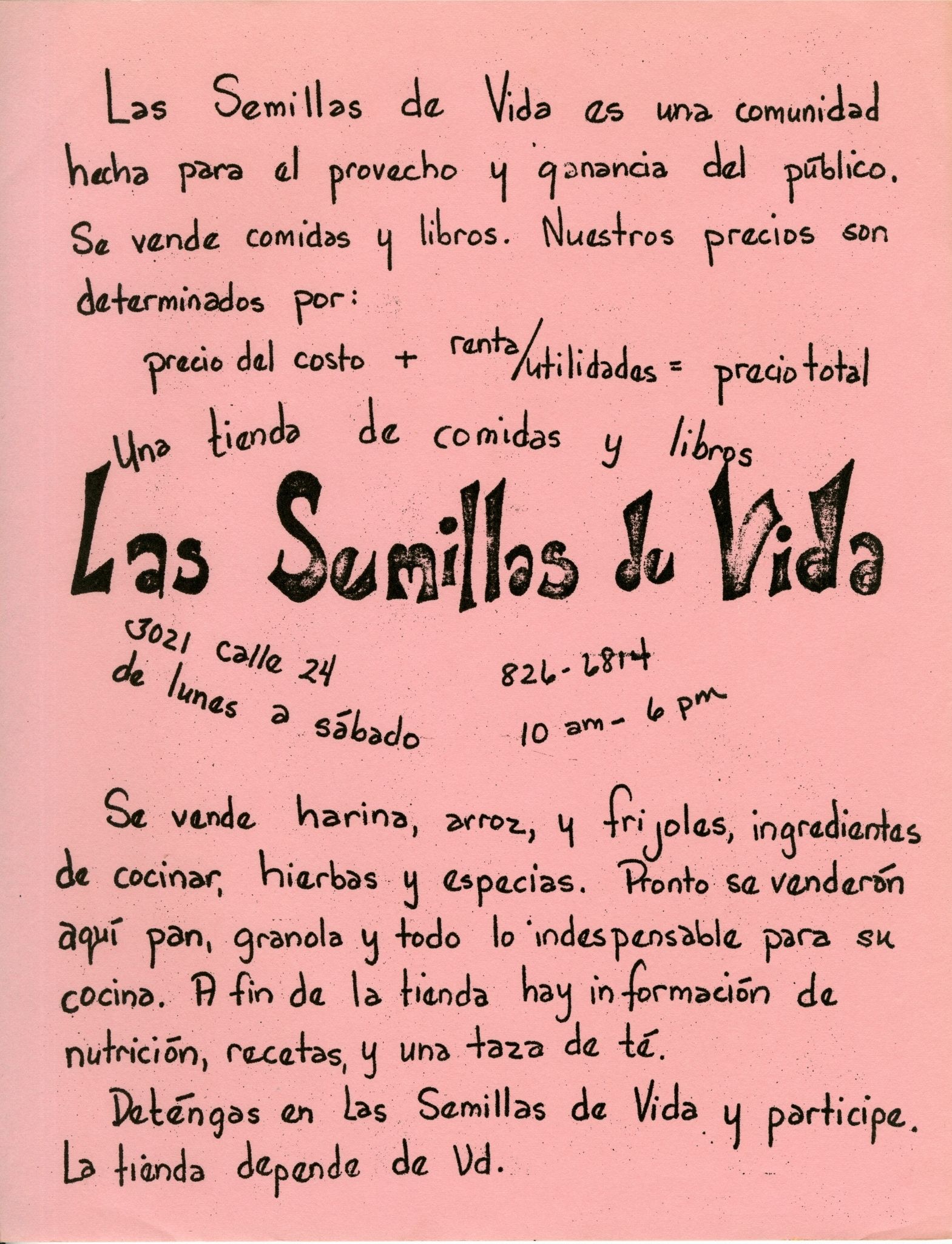 Spanish-language flyer Flyer for the non-profit food and book store "Seeds of Life"
