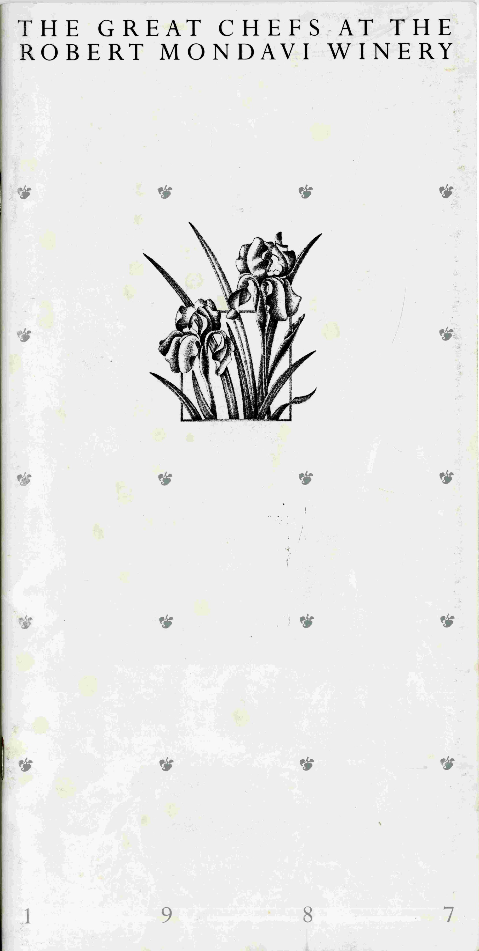 White booklet cover with a grape icon repeated throughout the background. The title at the top reads "The Great Chefs at the Robert Mondavi Winery" and a larger illustration of two irises is in the center.