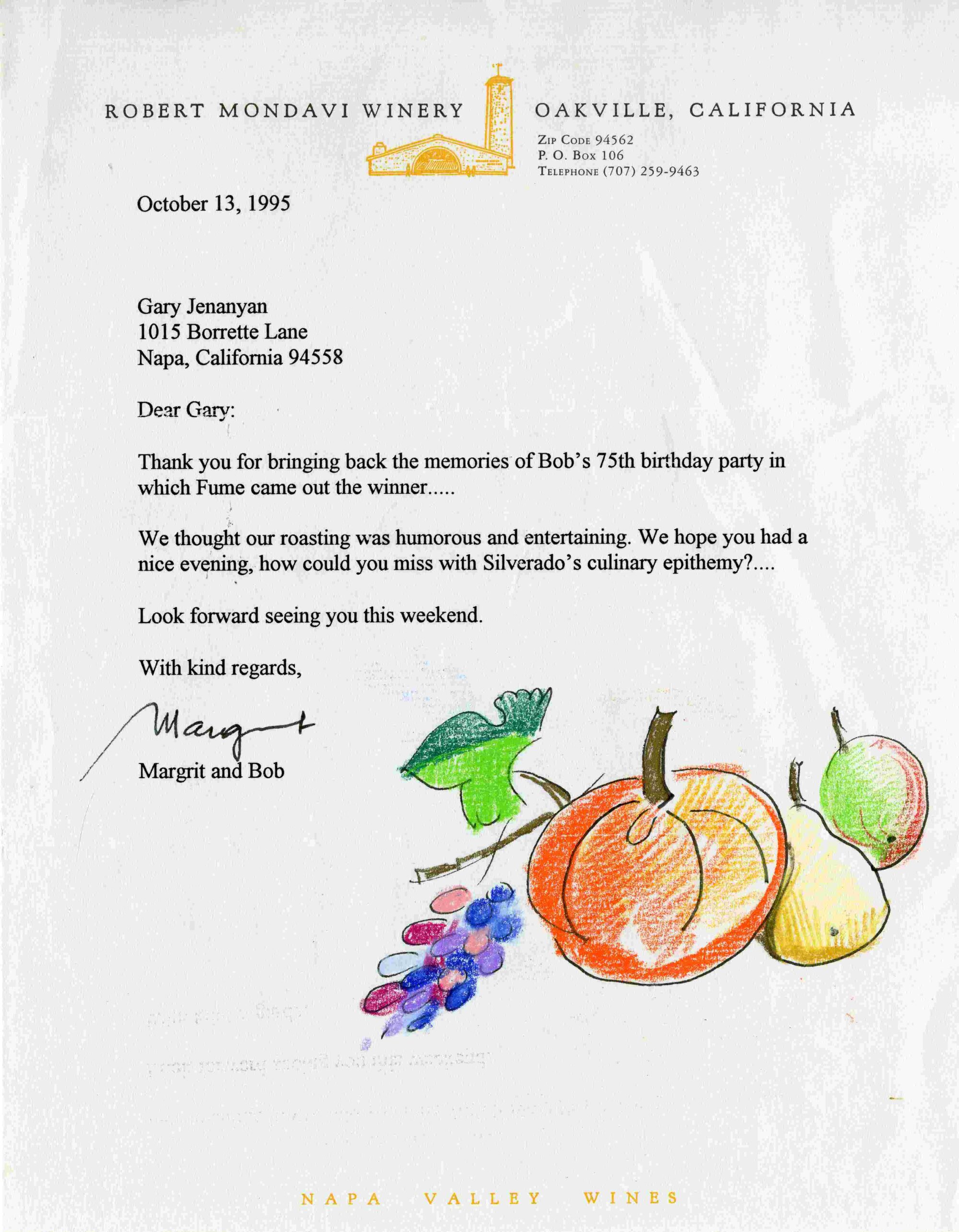Letter from Margrit and Robert "Bob" Mondavi to Gary Jenanyan thanking him for the celebratory dinner he prepared. The letter is on "Robert Mondavi Winery" letterhead. A hand-drawn illustration of grapes, a pumpkin a pear and another fruit appears alongside the signatures.