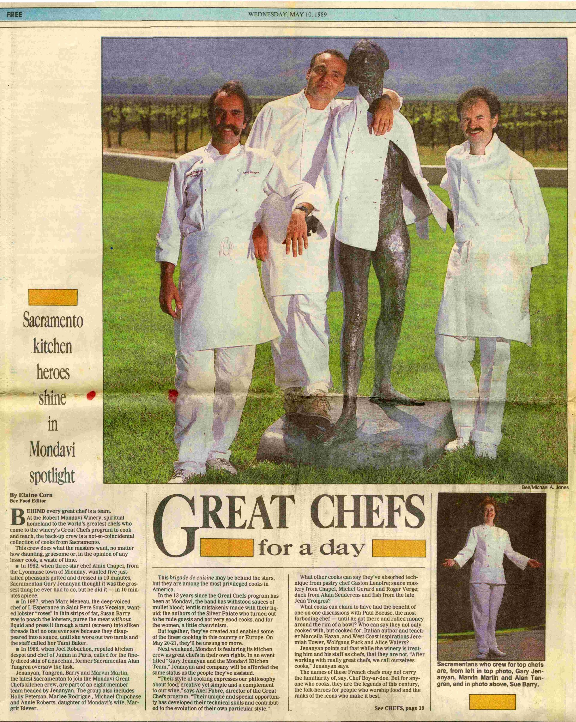 A newspaper article from Wednesday, May 10, 1989. Three men in white chefs coats stand next to each other with a statue between them. The image is in the top right with the headline on the left reading "Sacramento Kitchen heroes shine in Mondavi spotlight"