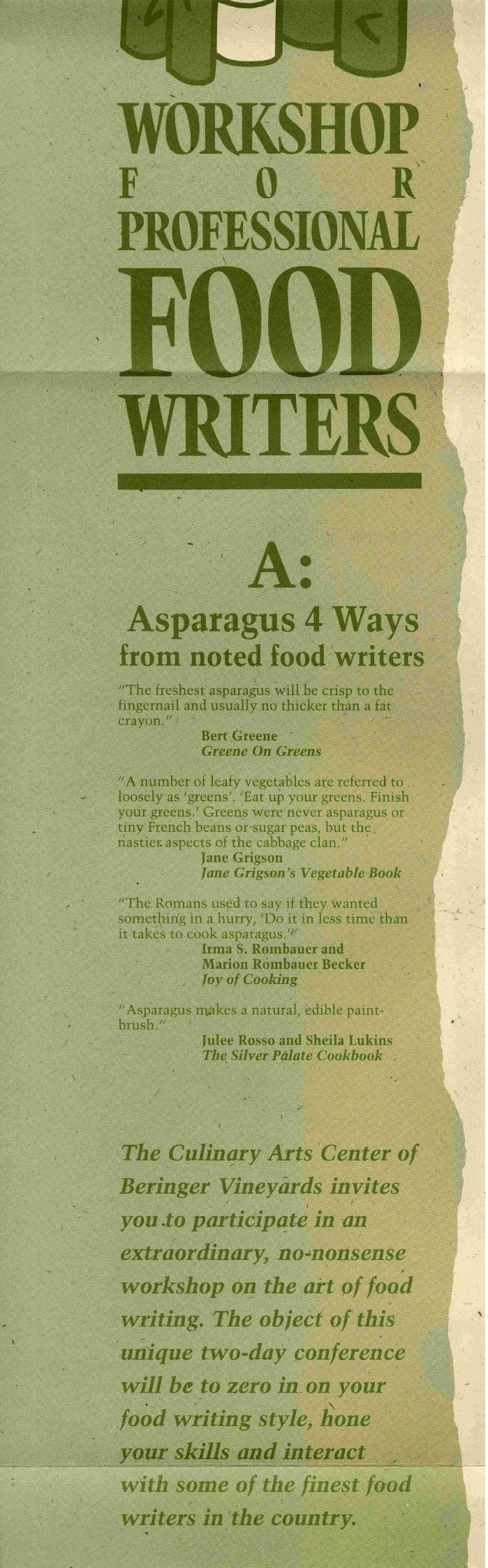 Light green brochure cover promoting a two-day "Workshop for Professional Food Writers." The Culinary Arts Center of Beringer Vineyards is credited at the bottom as event host.