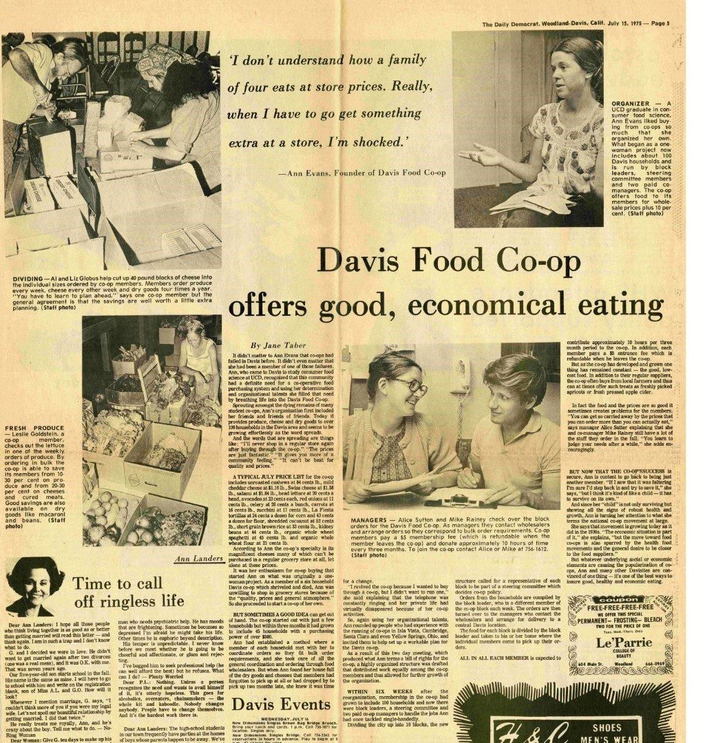 Newspaper clipping from The Daily Democrat advertising the Davis Food Co-op's "good, economical eating"