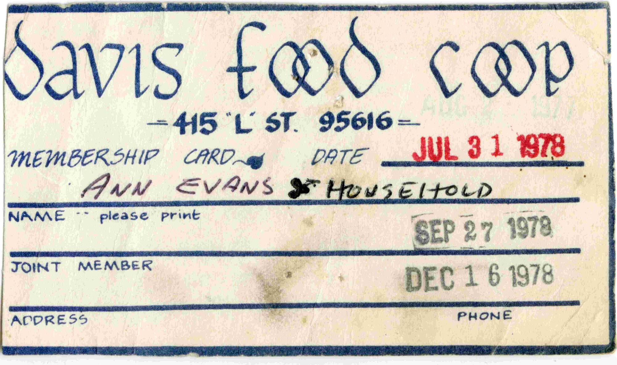 Front of membership card for Ann Evans and Household for the Davis Food Coop. Date of issue is also listed as July 31, 1978