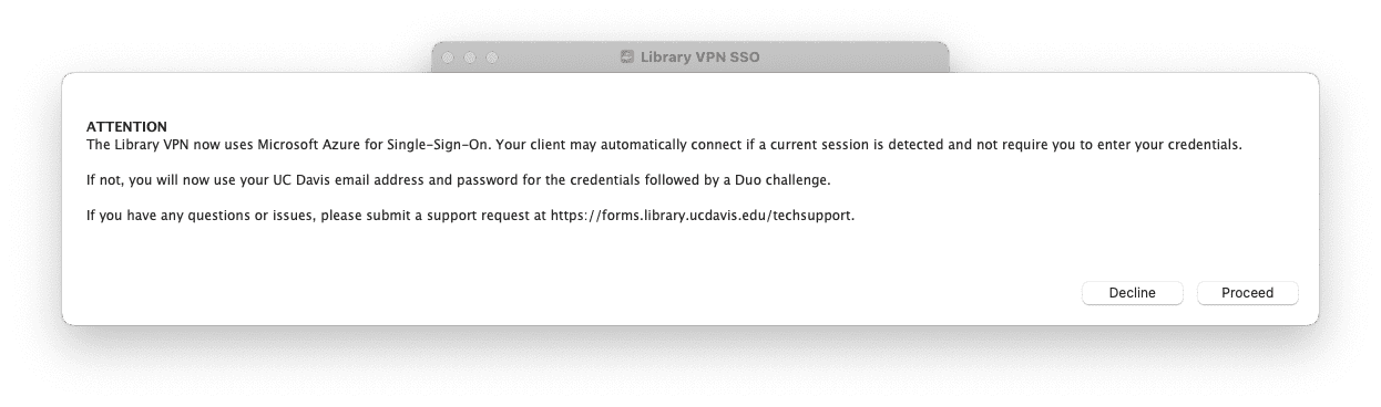 Library VPN SSO dialog showing an ATTENTION notice about Microsoft Azure for Single Sign-On, with Decline and Proceed buttons.