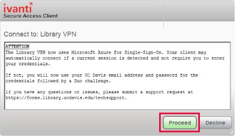 Ivanti Access Client 'Connect to: Library VPN' dialog showing an ATTENTION notice about Microsoft Azure Single Sign-On, with the Proceed button highlighted.