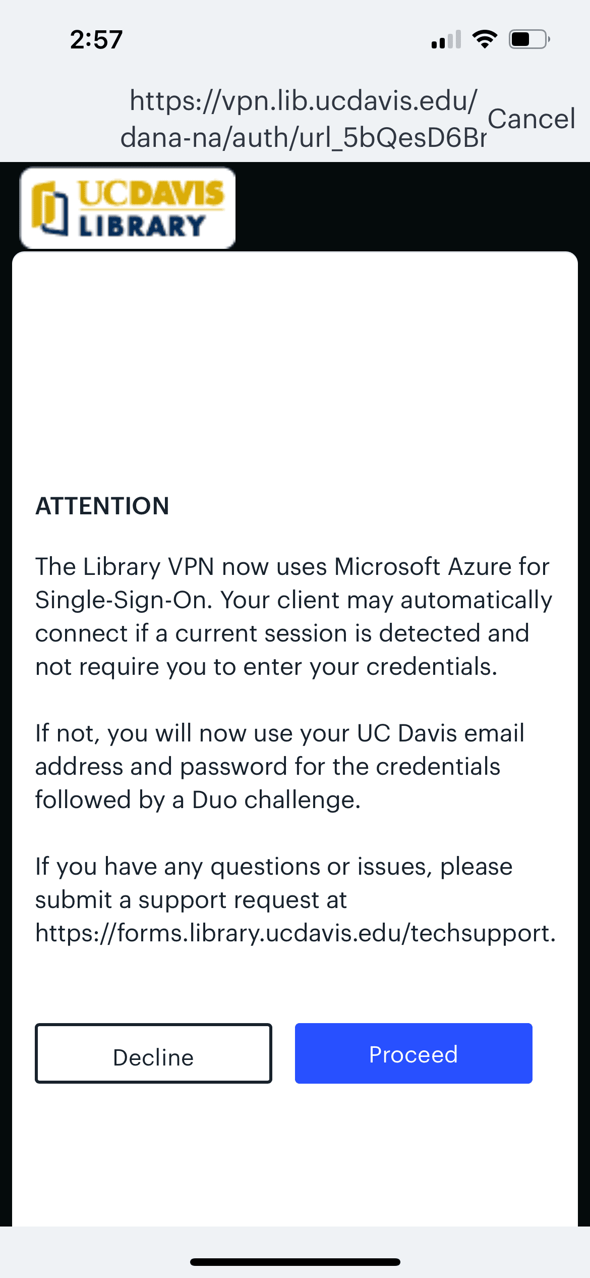 UC Davis Library VPN ATTENTION notice about Microsoft Azure for Single Sign-On, with Decline and Proceed buttons.
