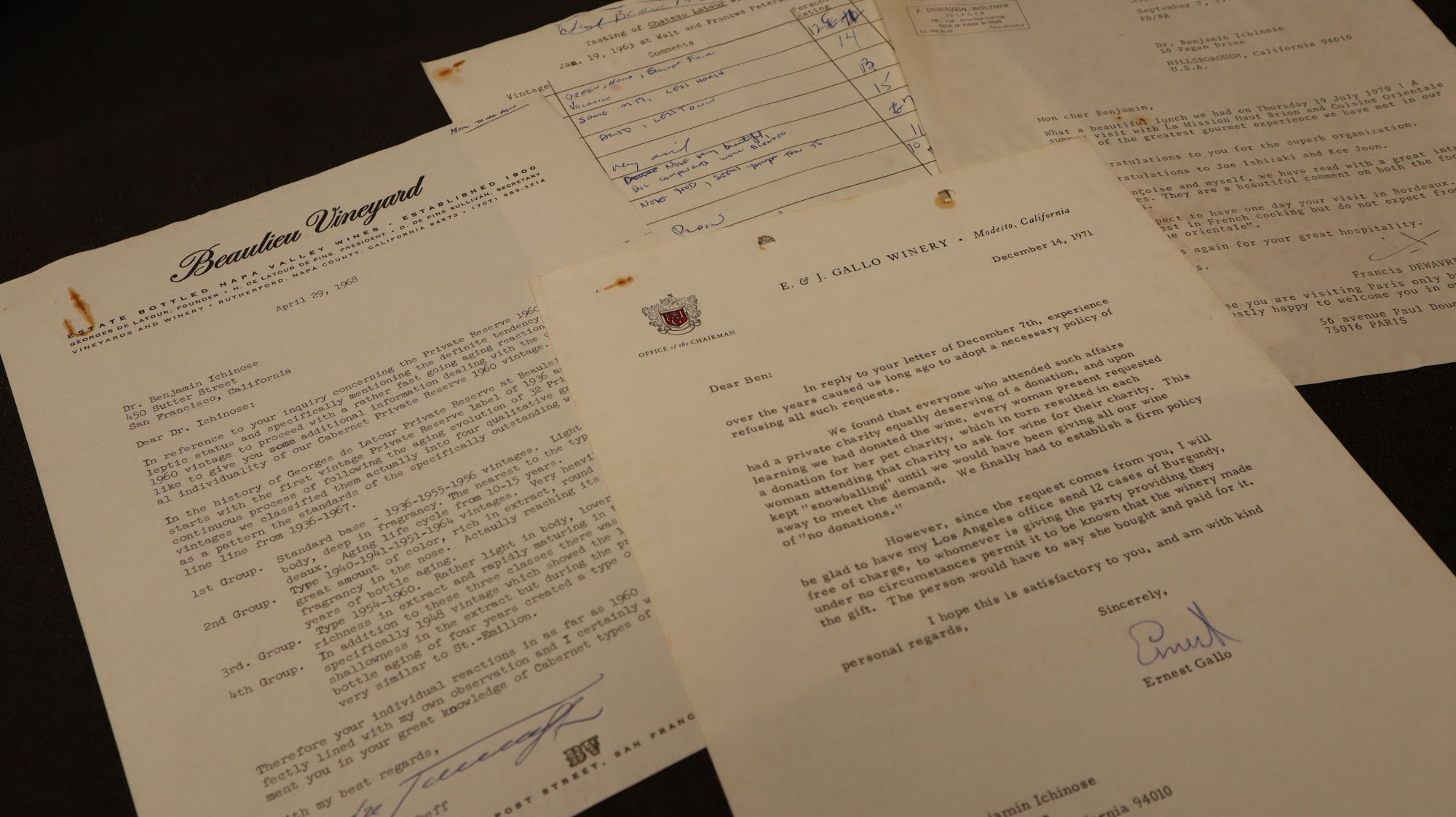 A series of letters arrayed on a table, on letterhead from Beaulieu Vineyard and E & J Gallo Winery. Chateau Latour tasting notes are in the background.