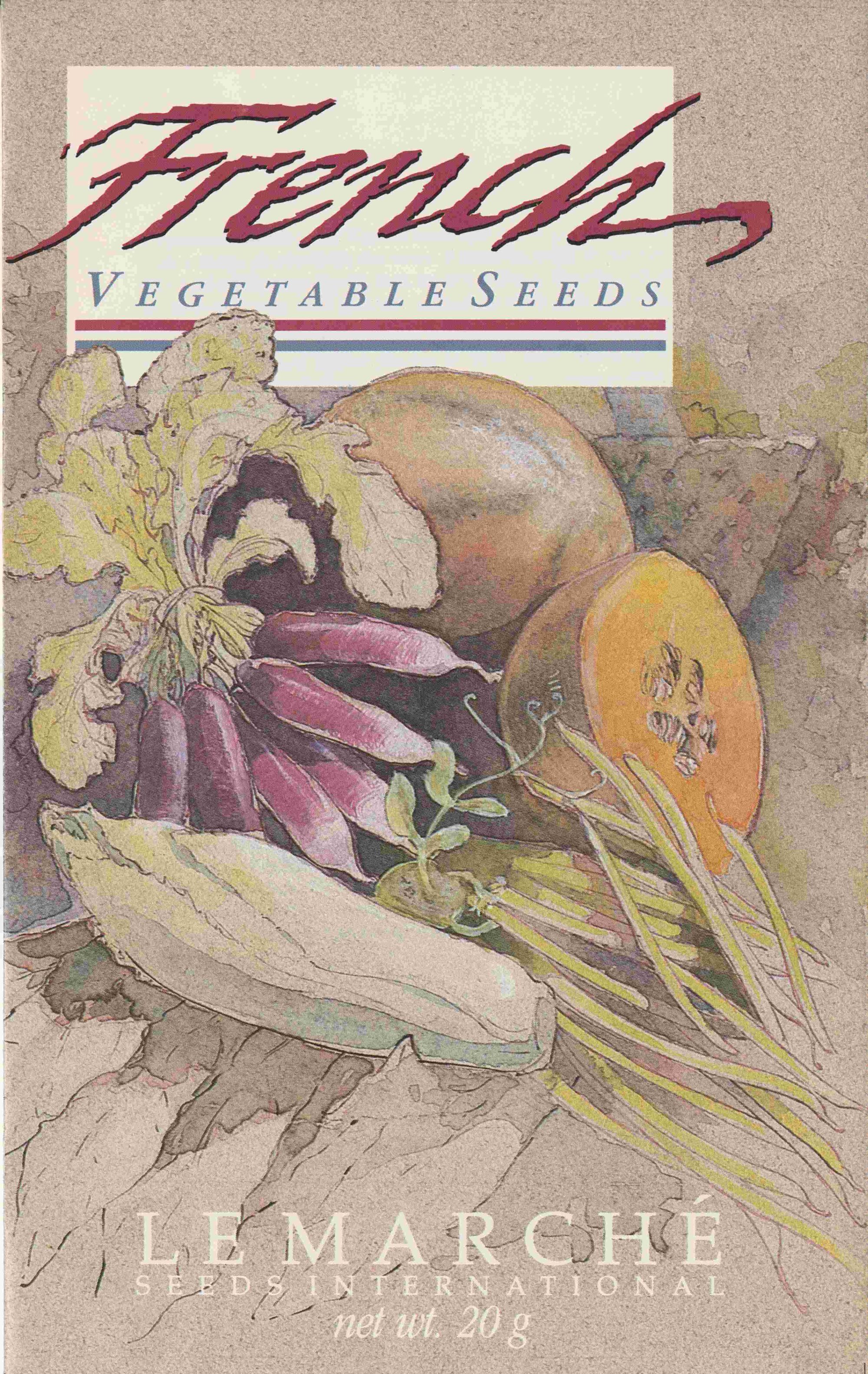 Illustration of various vegetables in the foreground. The heading at the top reads "French Vegetable Seeds" in italics. The bottom reads "Le Marché Seeds International, net wt. 20g"