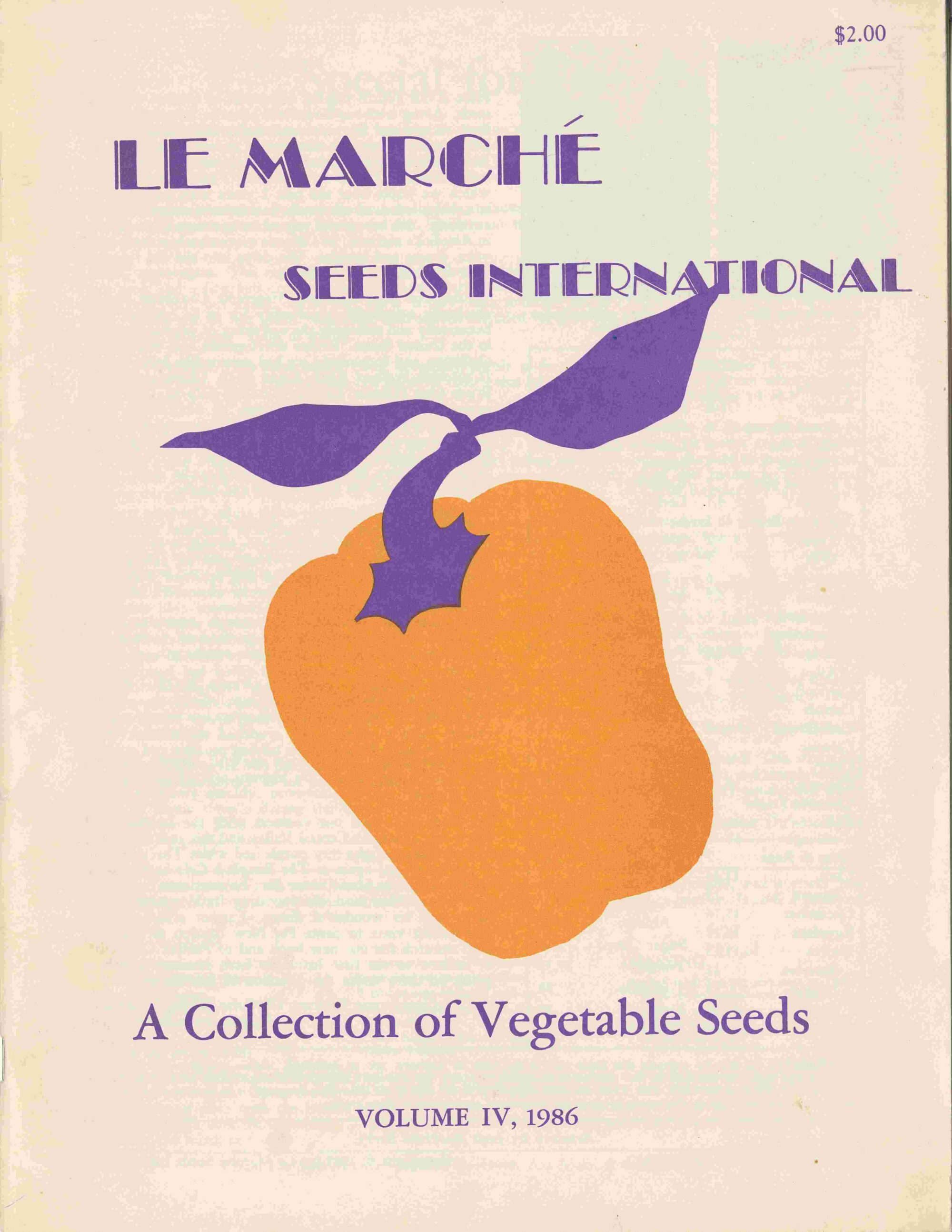 Catalog titled "Le Marché Seeds International: A Collection of Vegetable Seeds" in purple lettering, with an illustration of an orange bell pepper in the center.
