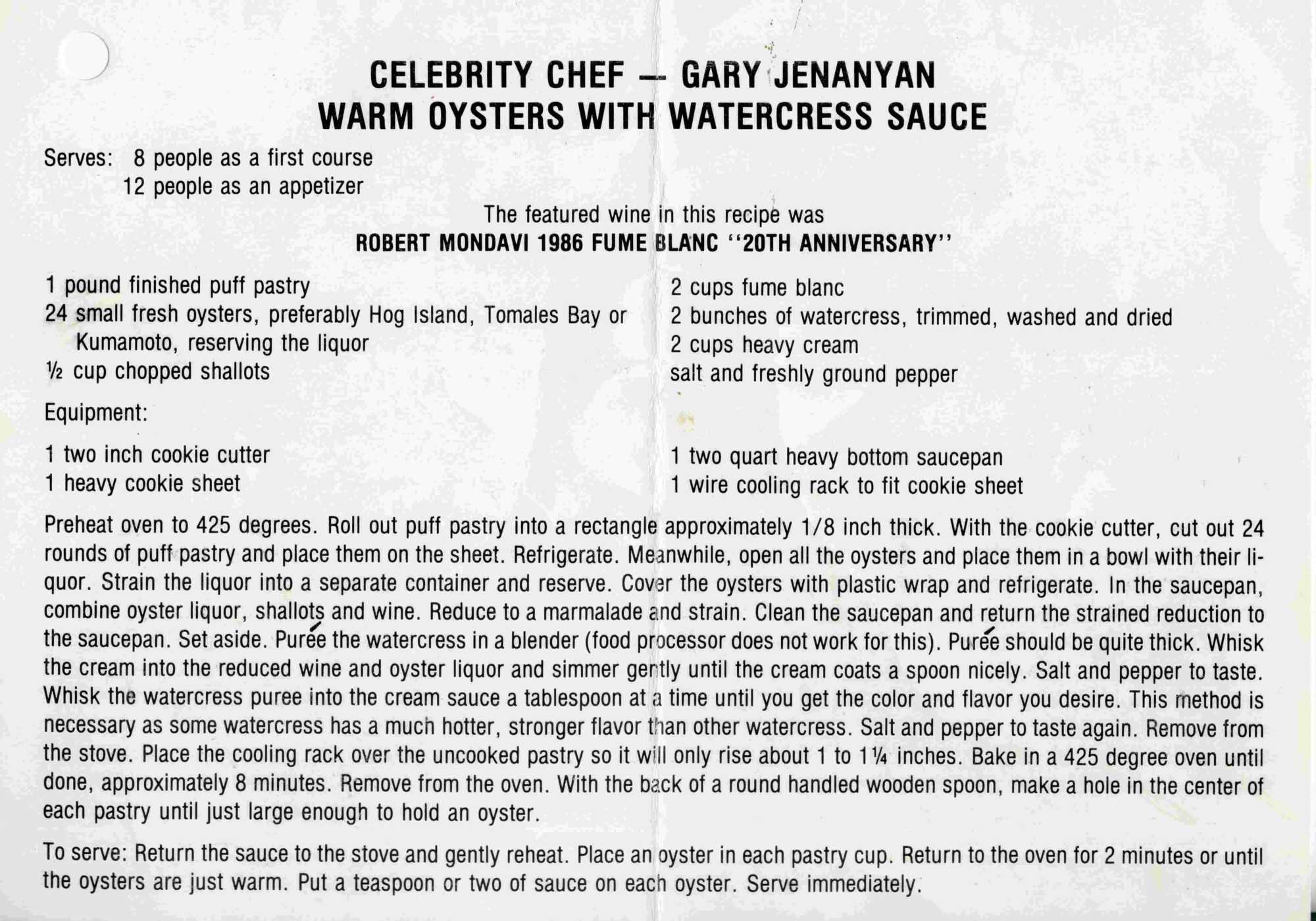 Recipe card entitled "Celebrity Chef - Gary Jenanyan Warm Oysters with Watercress Sauce". Text below it reads "the featured wine in this recipe was Robert Mondavi 1986 Fume Blanc "20th Anniversary." Recipe ingredients and instructions follow.