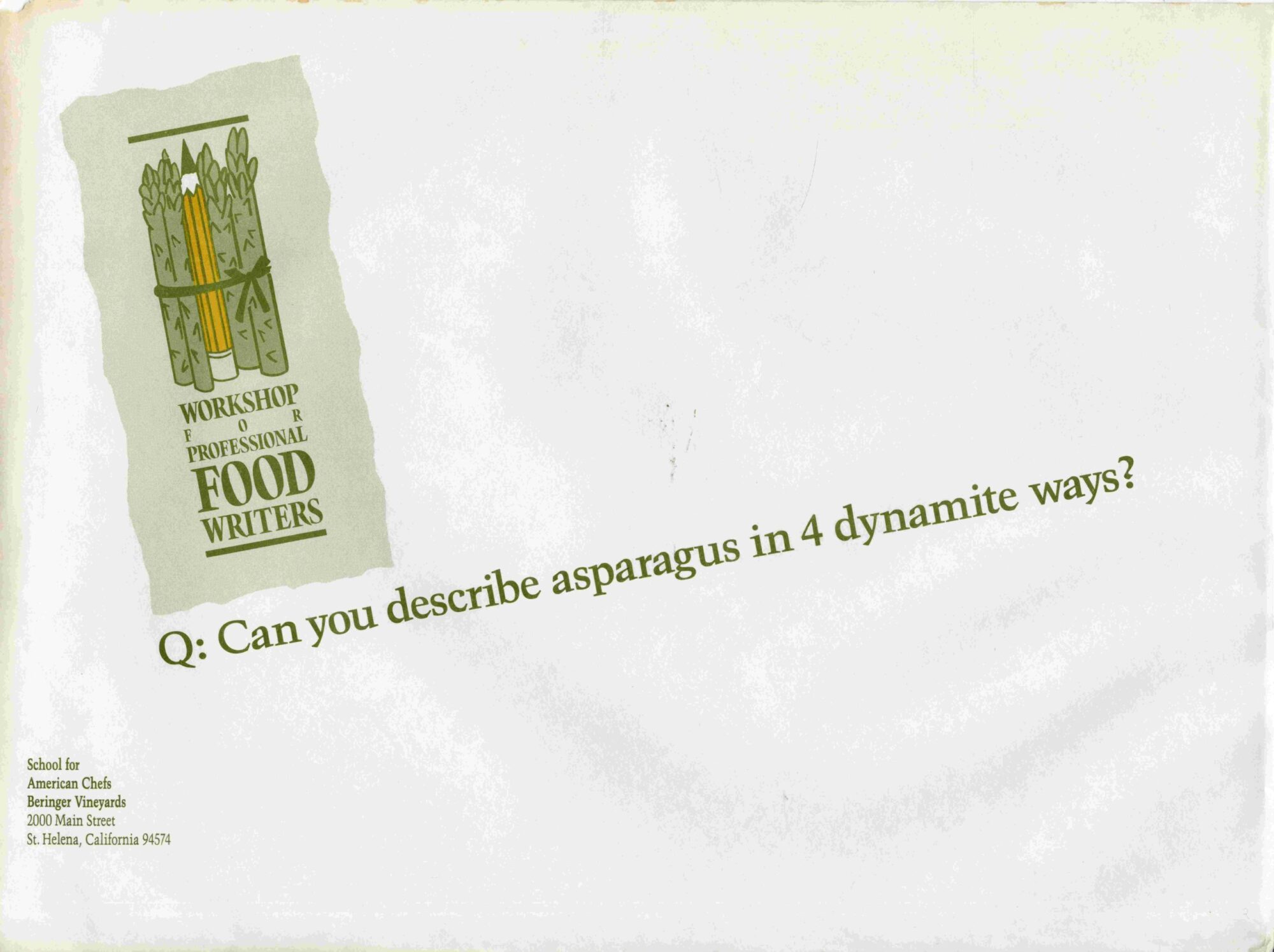 Envelope for the Food Writers Workshop with the question "Can you describe asparagus in 4 dynamite ways?" written across"