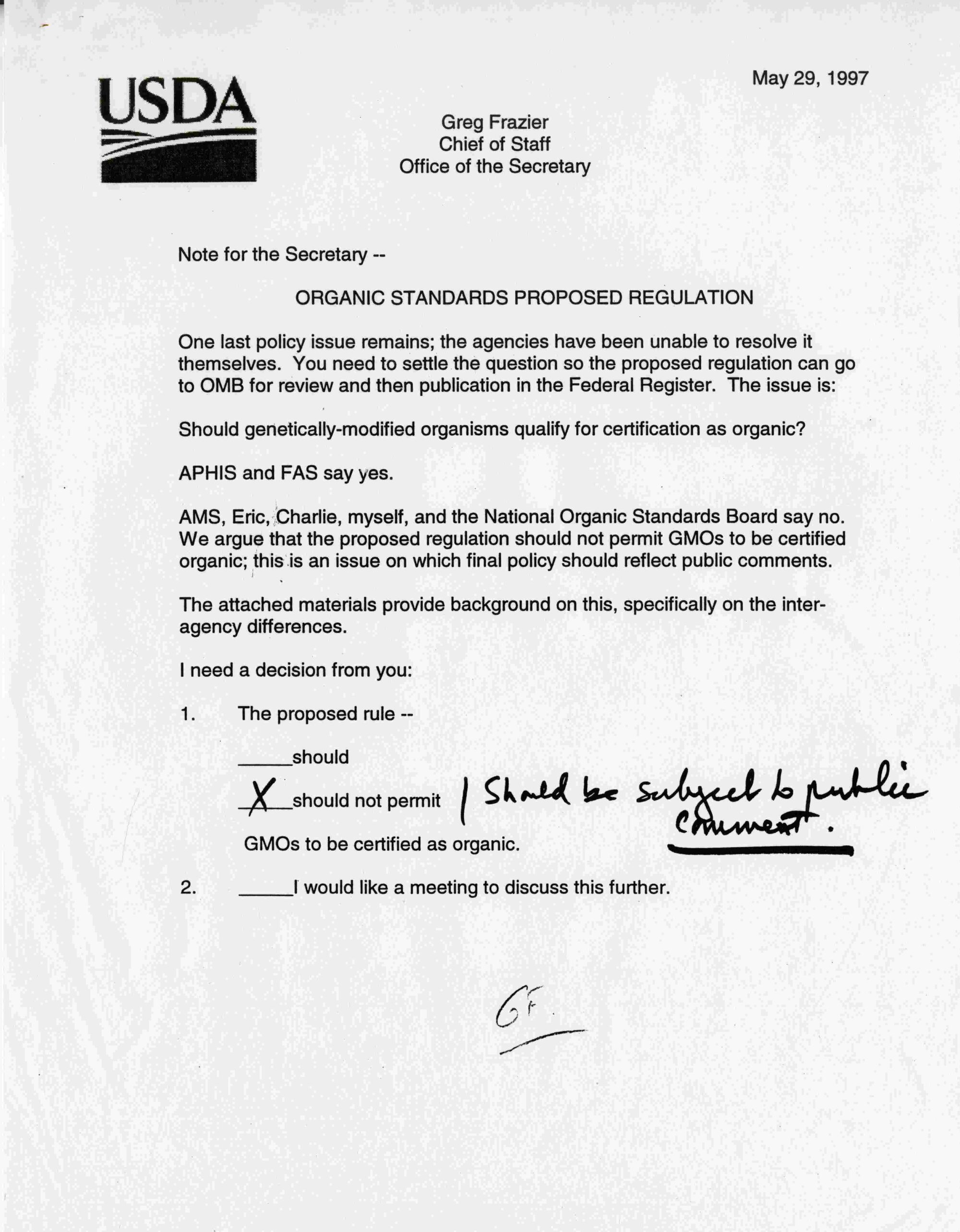 A note from the Greg Frazier, USDA Chief of Staff to Rich Rominger, deputy secretary.