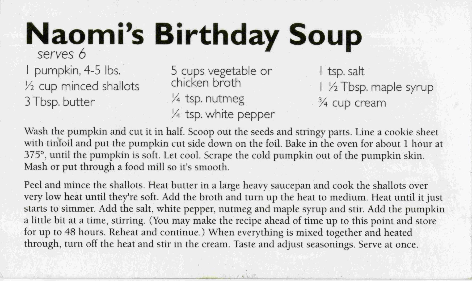"Naomi's Birthday Soup" is written on the top left in big, bold font. Ingredients and directions for the recipe are listed below.