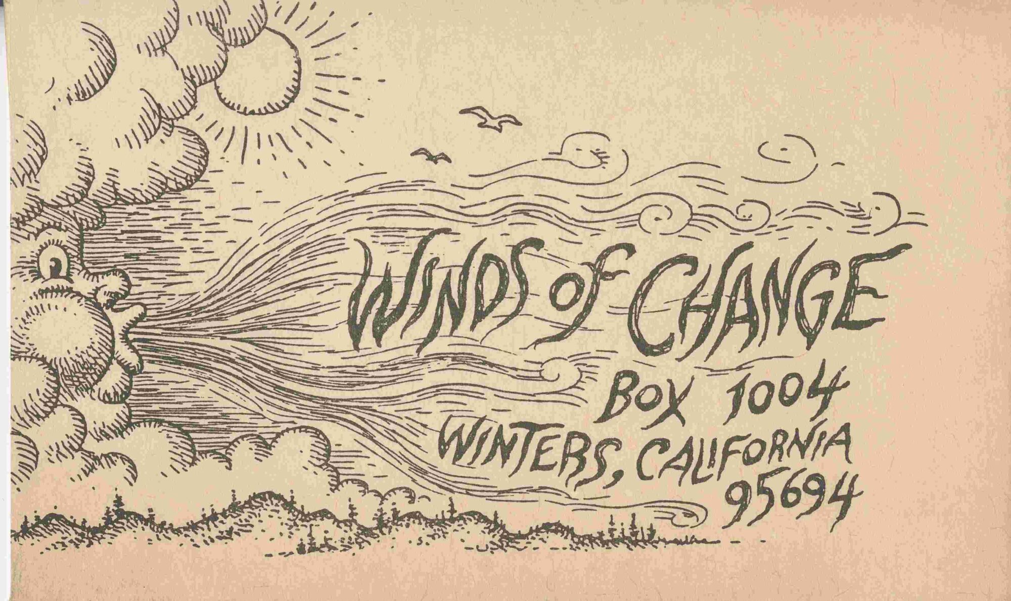 Illustrated face on the left blowing wind which turns into type. Text on the right reads "Winds of Change, Box 1004, Winters, California 95594"