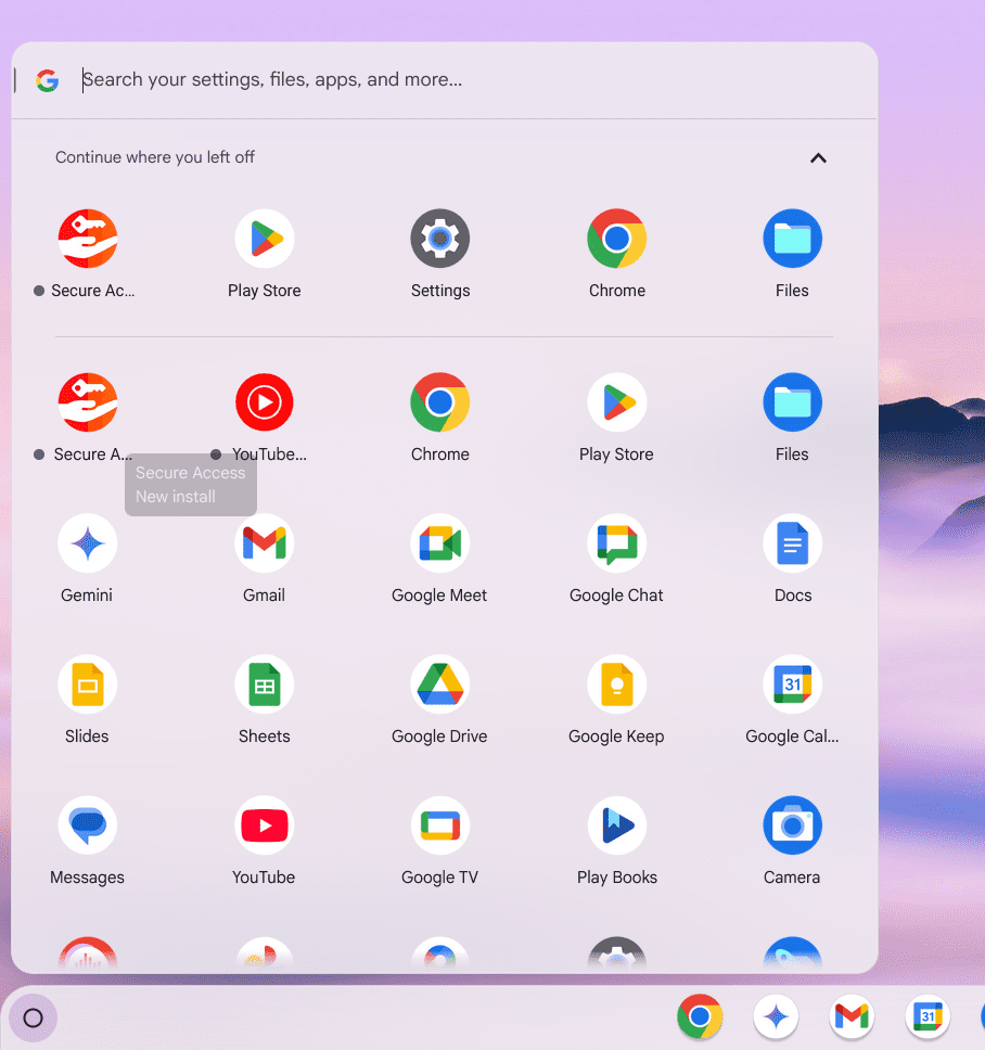 ChromeOS app launcher showing the Ivanti Secure Access app icon highlighted among other apps.