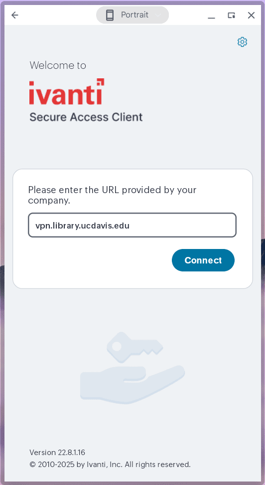 Ivanti Secure Access Client welcome screen with the URL field filled in and a Connect button.