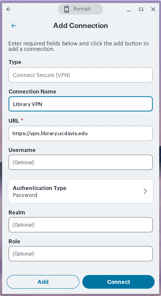 Secure Access 'Add Connection' form with Connection Name set to 'Library VPN' and URL set to 'vpn.library.ucdavis.edu'. Other fields (Username, Realm, Role) are shown empty, with Add and Connect buttons at the bottom.