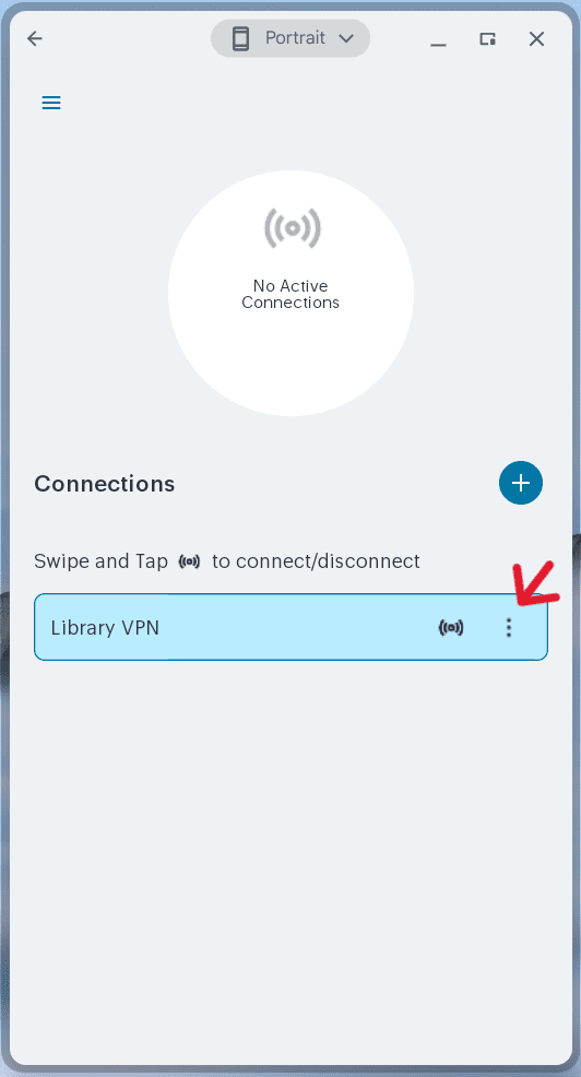 Ivanti Secure Access home screen showing 'Library VPN' in the Connections list with a red arrow pointing to the triple-dot menu icon on the right.