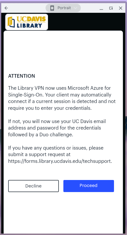 C Davis Library VPN ATTENTION notice about Microsoft Azure for Single Sign-On, with Decline and Proceed buttons.
