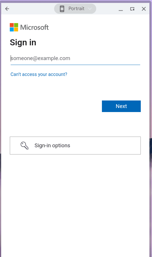 Microsoft Sign in screen with an email address field and a Next button.