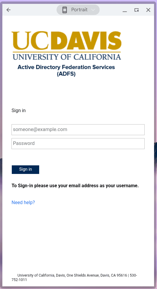 UC Davis Active Directory Federation Services sign-in page with email and password fields and a Sign in button.
