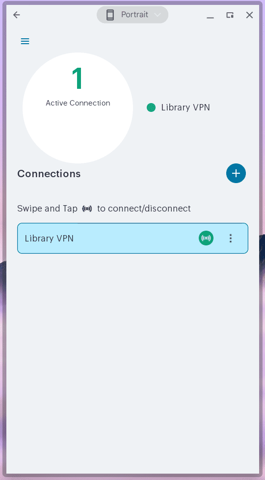 Ivanti Secure Access home screen showing '1 Active Connection' with Library VPN listed and a green icon indicating it is connected.