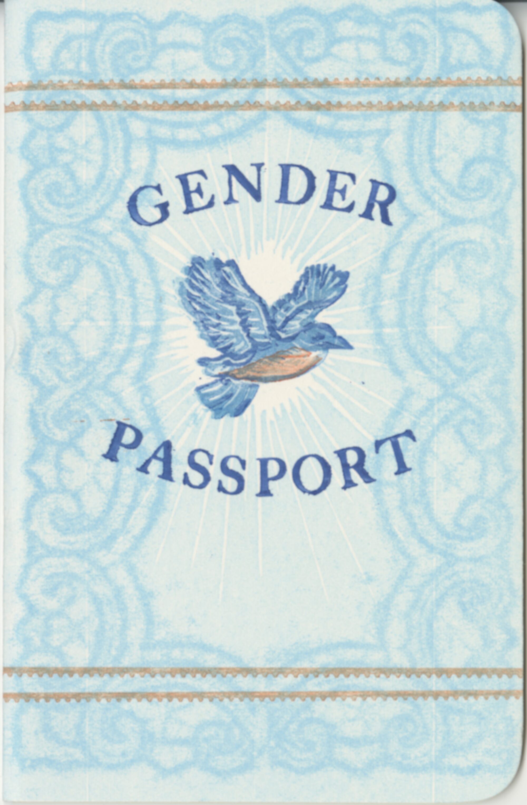 A booklet resembling a passport but instead reading, "Gender Passport," with the image of a blue bird in flight. It is haloed with white light.