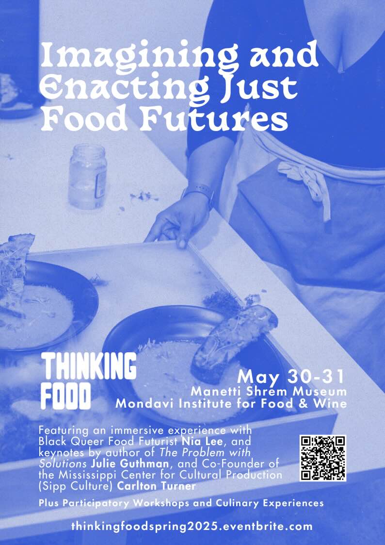 Poster for Imagining and Enacting Just Futures, featuring Chef Nia Lee preparing a culinary piece with a duotone blue overlay