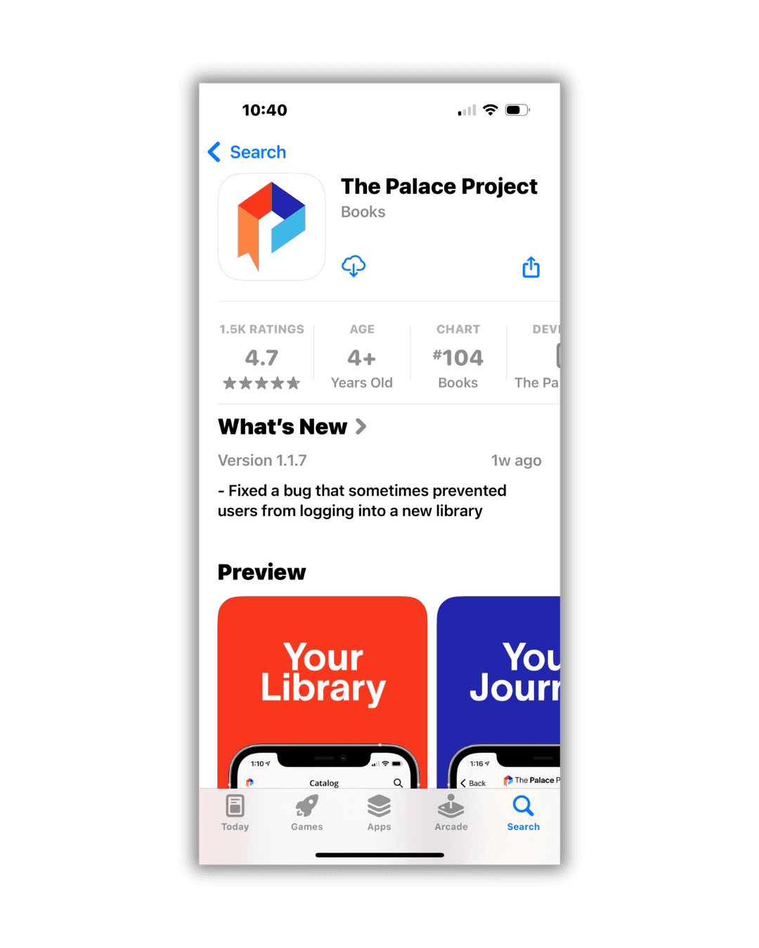 Palace Project app landing page and description in the Apps section of an iPhone