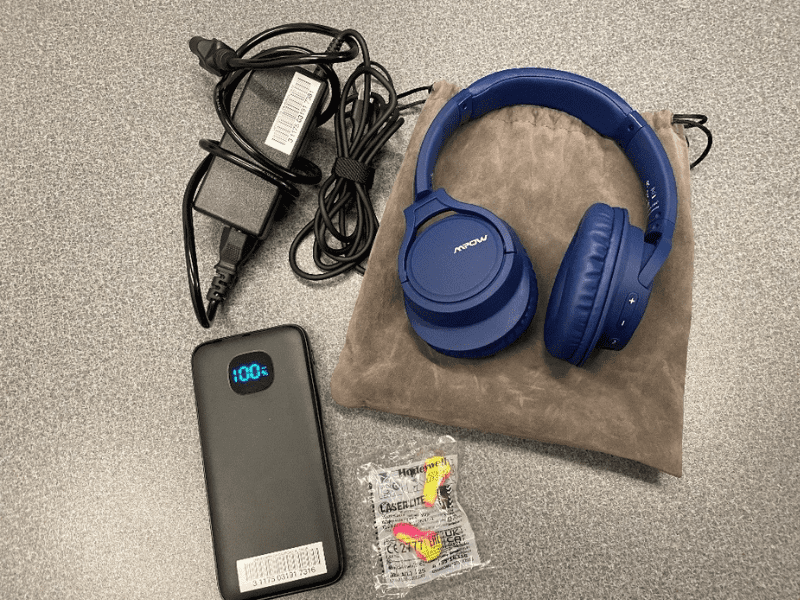 BML study aids available to check out, including headdphones, chargers and ear plugs.