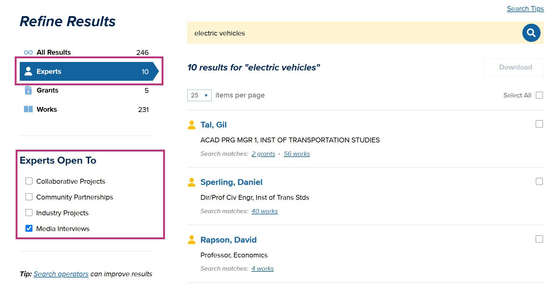 Screenshot of partial Aggie Experts search results for "electric vehicles" with "Experts" tab and "Experts Open to" filters outlined in red. Search results have been filtered down to 10 experts interested in media interviews.