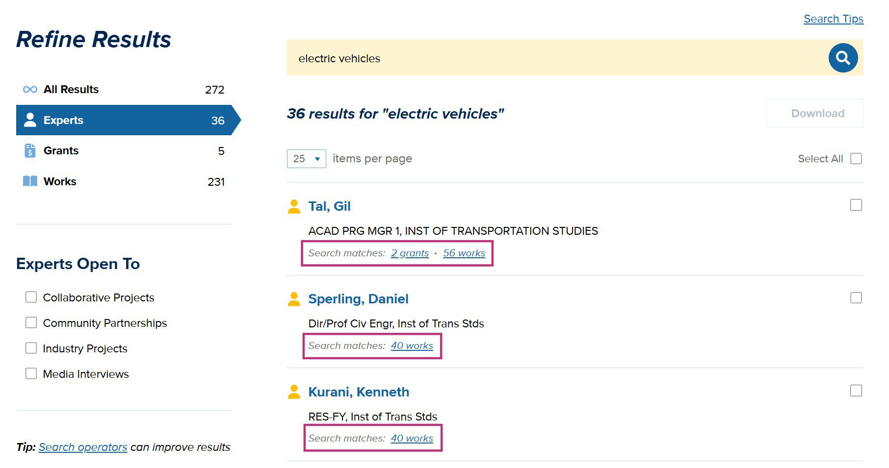 Screenshot of partial Aggie Experts search results for "electric vehicles" with "Search matches" for each expert outlined in red. Text above the search results indicates 36 total experts found via this search.