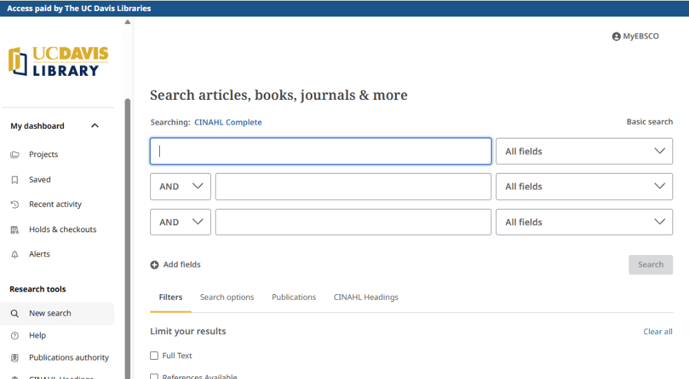 CINAHL database landing page with fields to search articles, blogs, journals and more