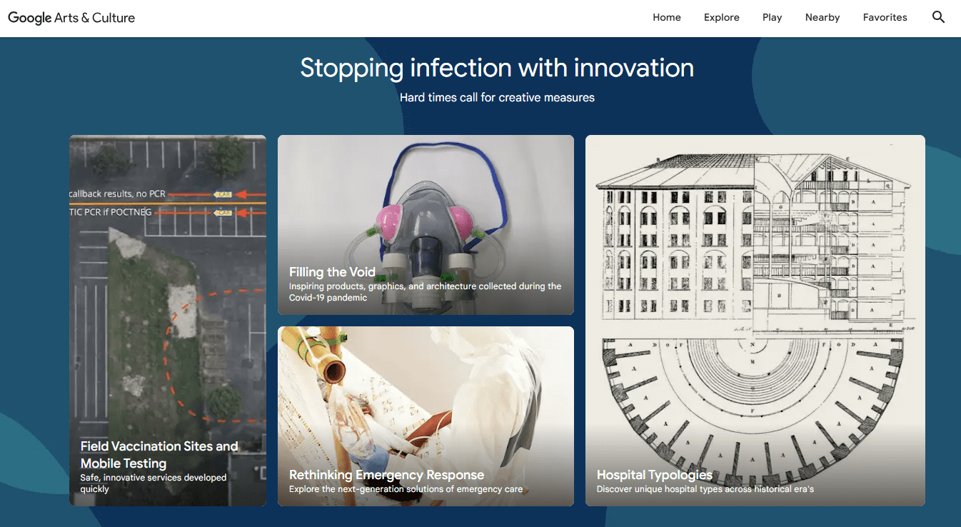 "Stopping infection with innovation" with four images and subtitles for products, mobile testing, hospital typologies and emergency response.