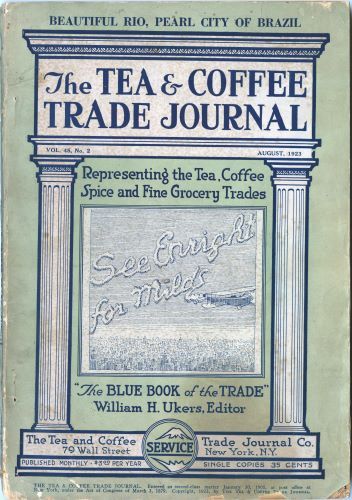 An aged cover of a journal in green with a white marble greek design outliend in blue with the words "The Tea & Coffee Trade Journal"